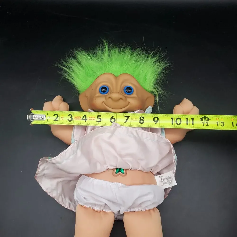 Russ Troll Doll Green Hair Pink Satin Dress Plush Body Heart Gem 16